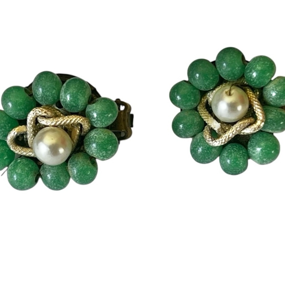 Vintage Clip-On Earrings Set Green w/ Faux Pearl & pink w/ Magenta Multicolor - Picture 2 of 15